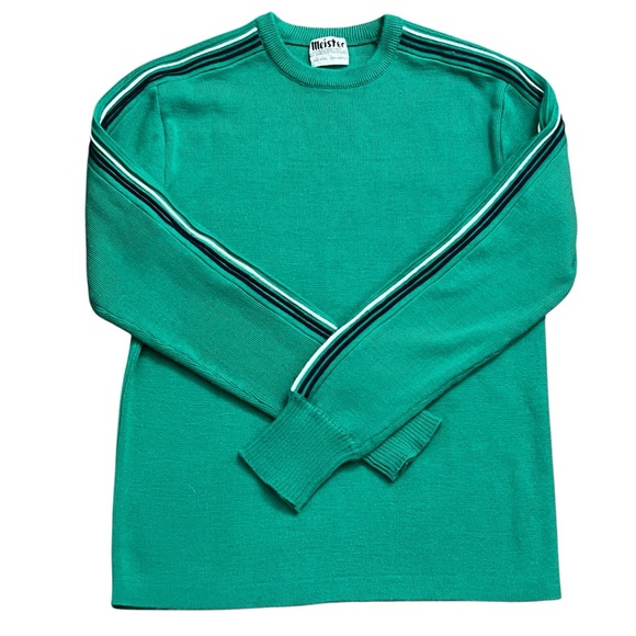 Vintage Unisex Meister Kelly Green Racing Stripe Ski Sweater Crewneck Pullover - Picture 1 of 8